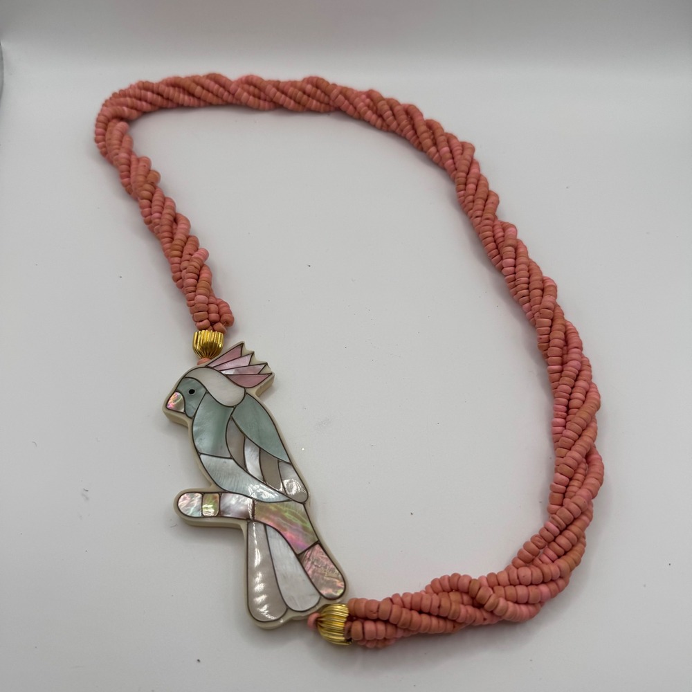 Vtg 80s Mother of Pearl Cockatoo Inlaid Bird Multi Strand Liquid Shell Necklace